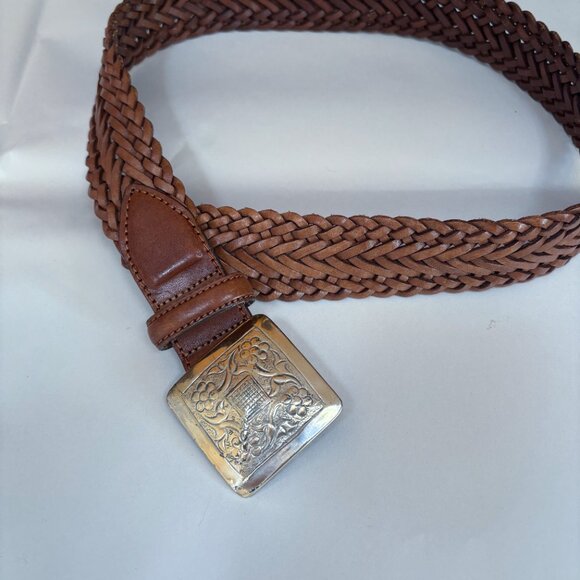 1 World Handmade Braided Leather Belt Brown Silver Square Buckle Size M main image 4